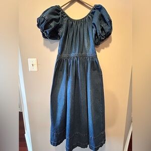 CO Women’s Puff Sleeve Denim Midi Dress in Blue
